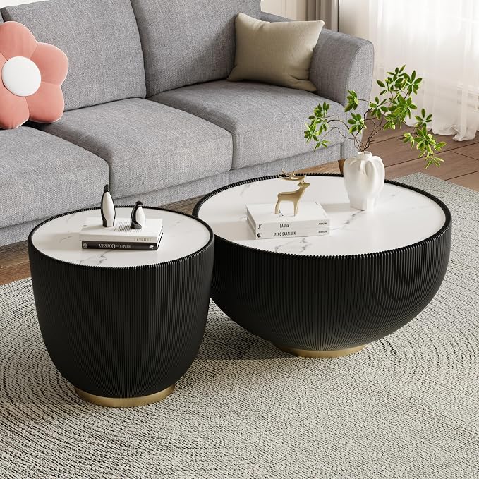 Black Round Side Table, 19.7" Faux Marble Fluted End Table - Image 7