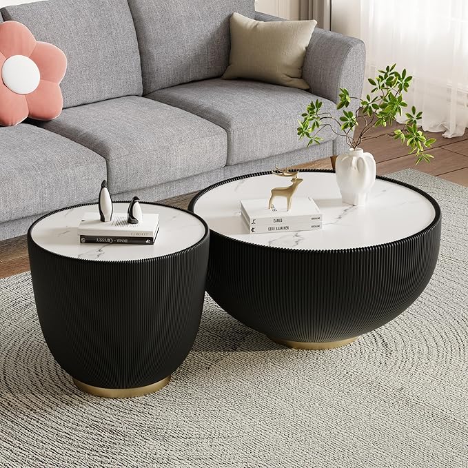 SSLine Bowl-Shape Coffee Table Set of 2 Modern Sintered Stone Top Nesting - Image 4
